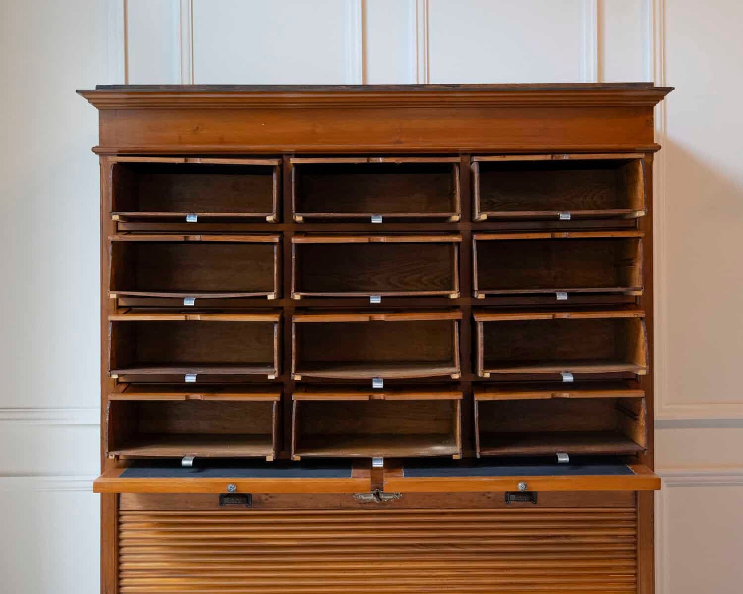 Early 20th Century Italian Wooden Filing Cabinet with Tambour Door - JAA