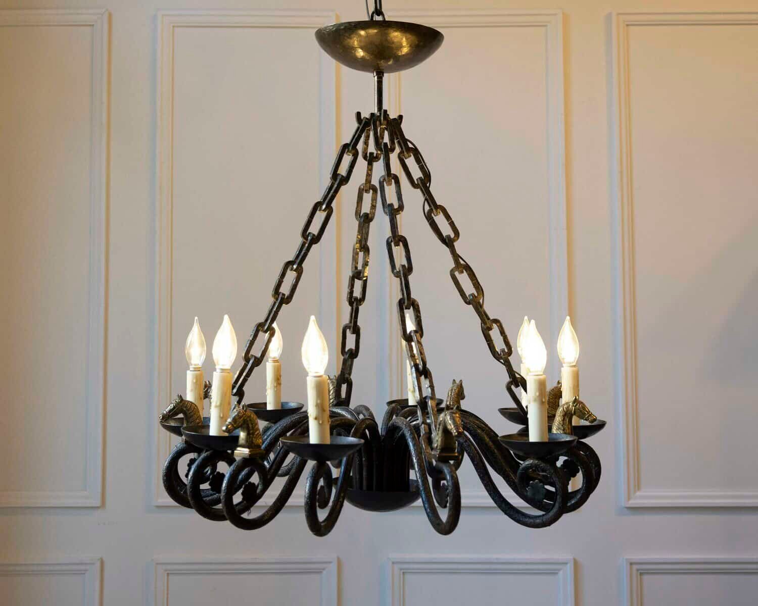 20th-Century French Wrought Iron Chandelier with Horse-Head Details - JAA