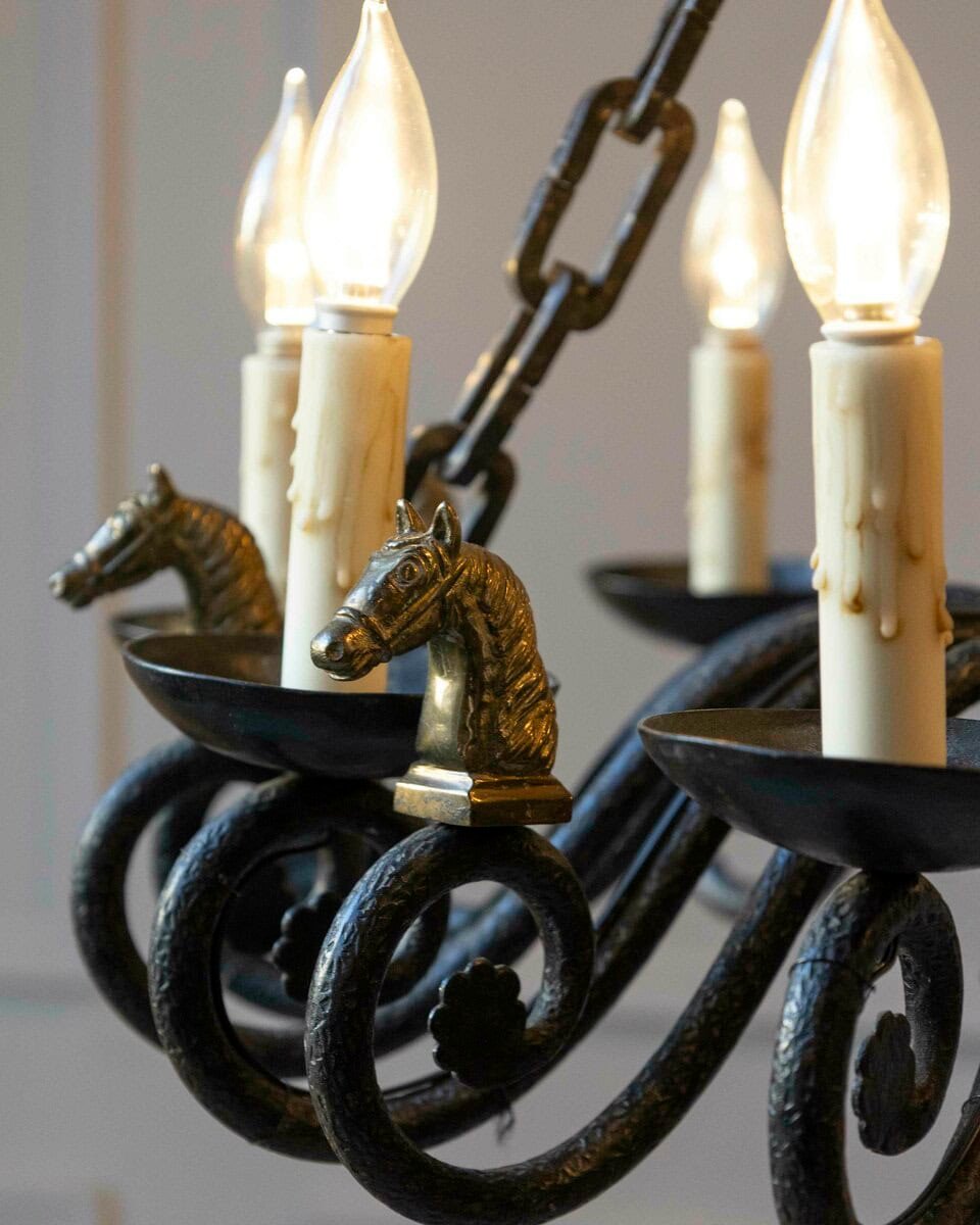 20th-Century French Wrought Iron Chandelier with Horse-Head Details - JAA