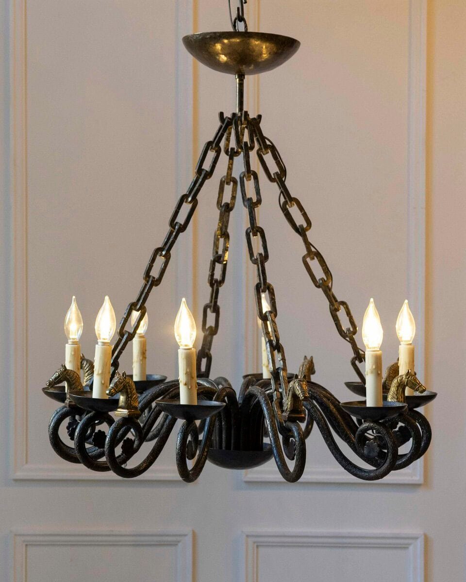 20th-Century French Wrought Iron Chandelier with Horse-Head Details - JAA