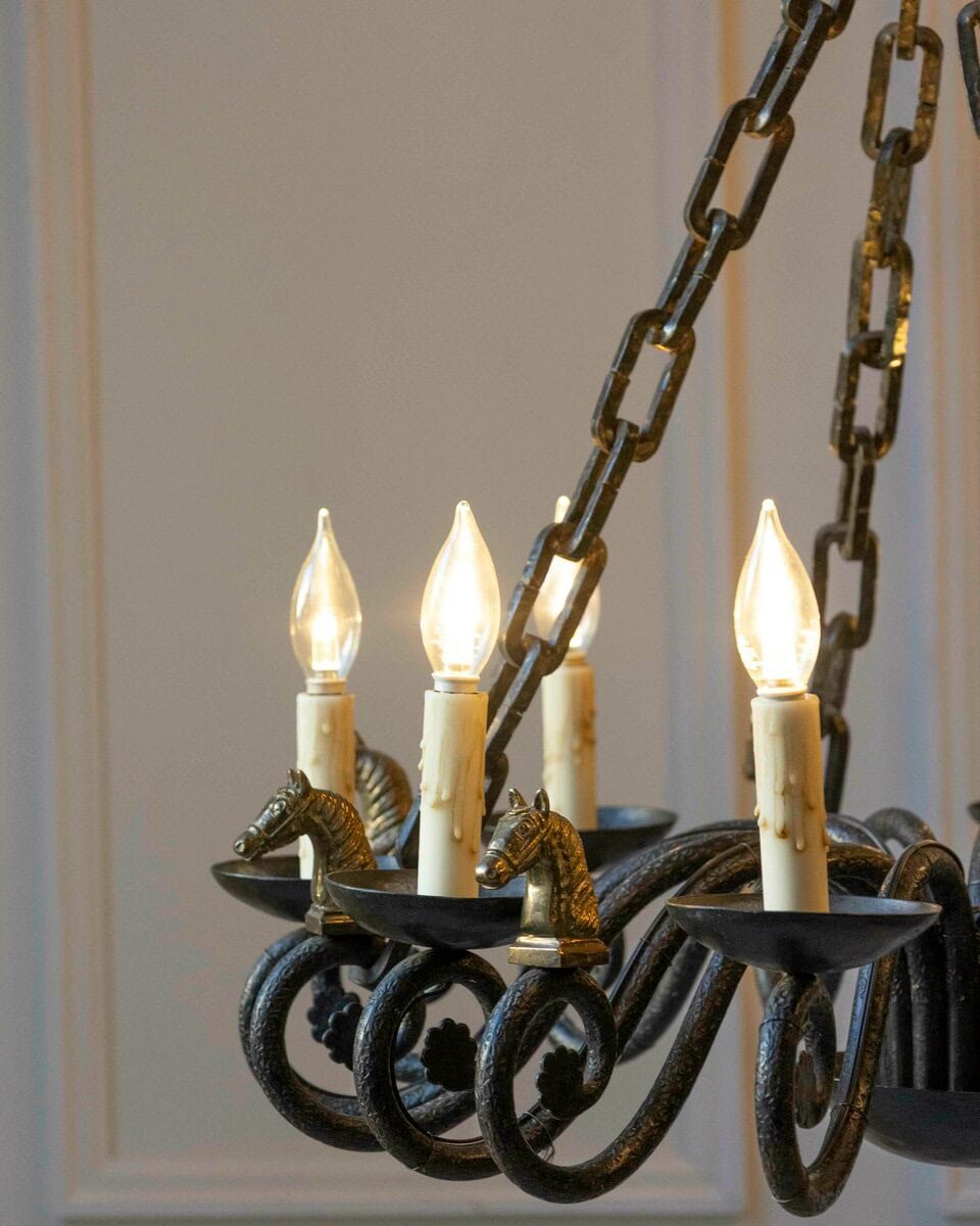 20th-Century French Wrought Iron Chandelier with Horse-Head Details - JAA