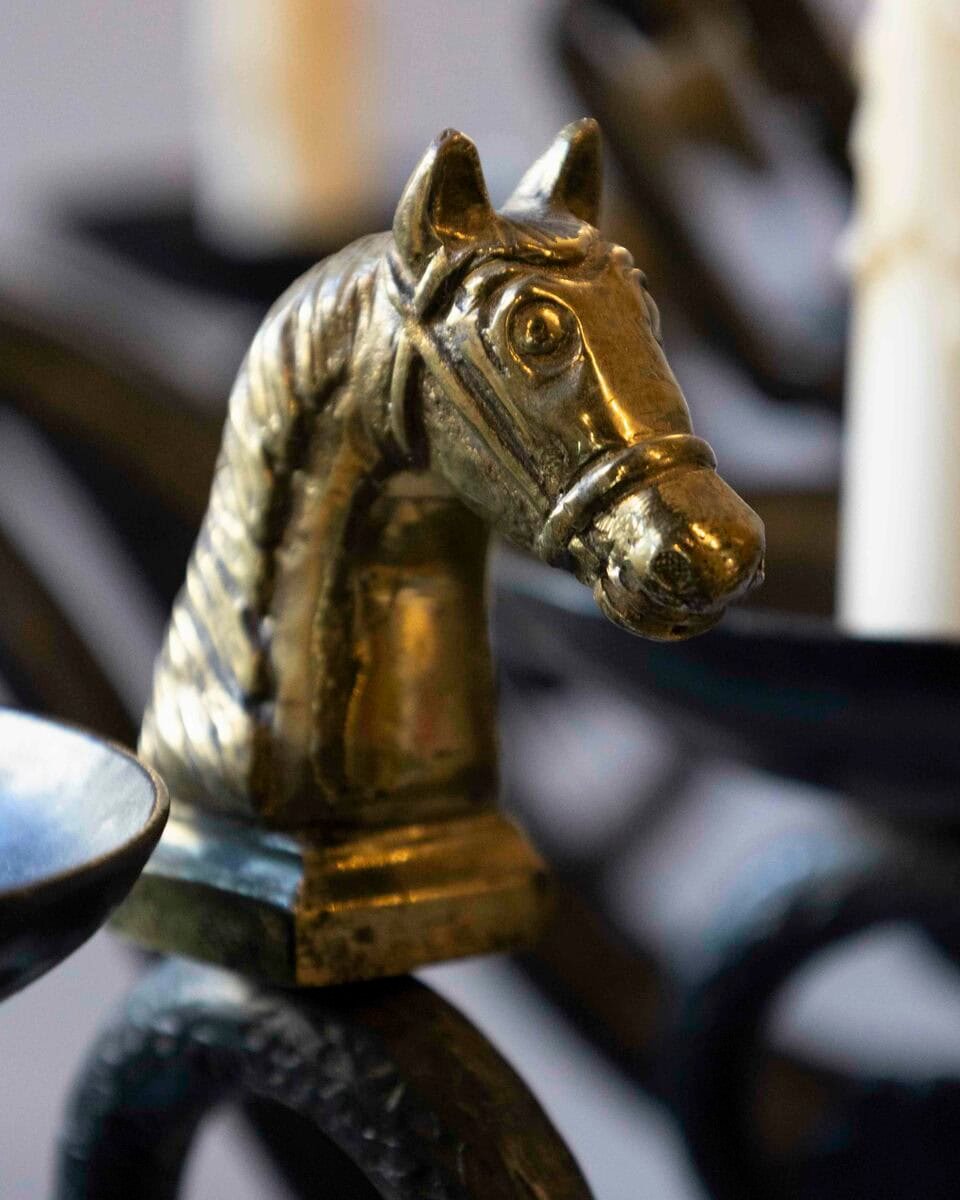 20th-Century French Wrought Iron Chandelier with Horse-Head Details - JAA