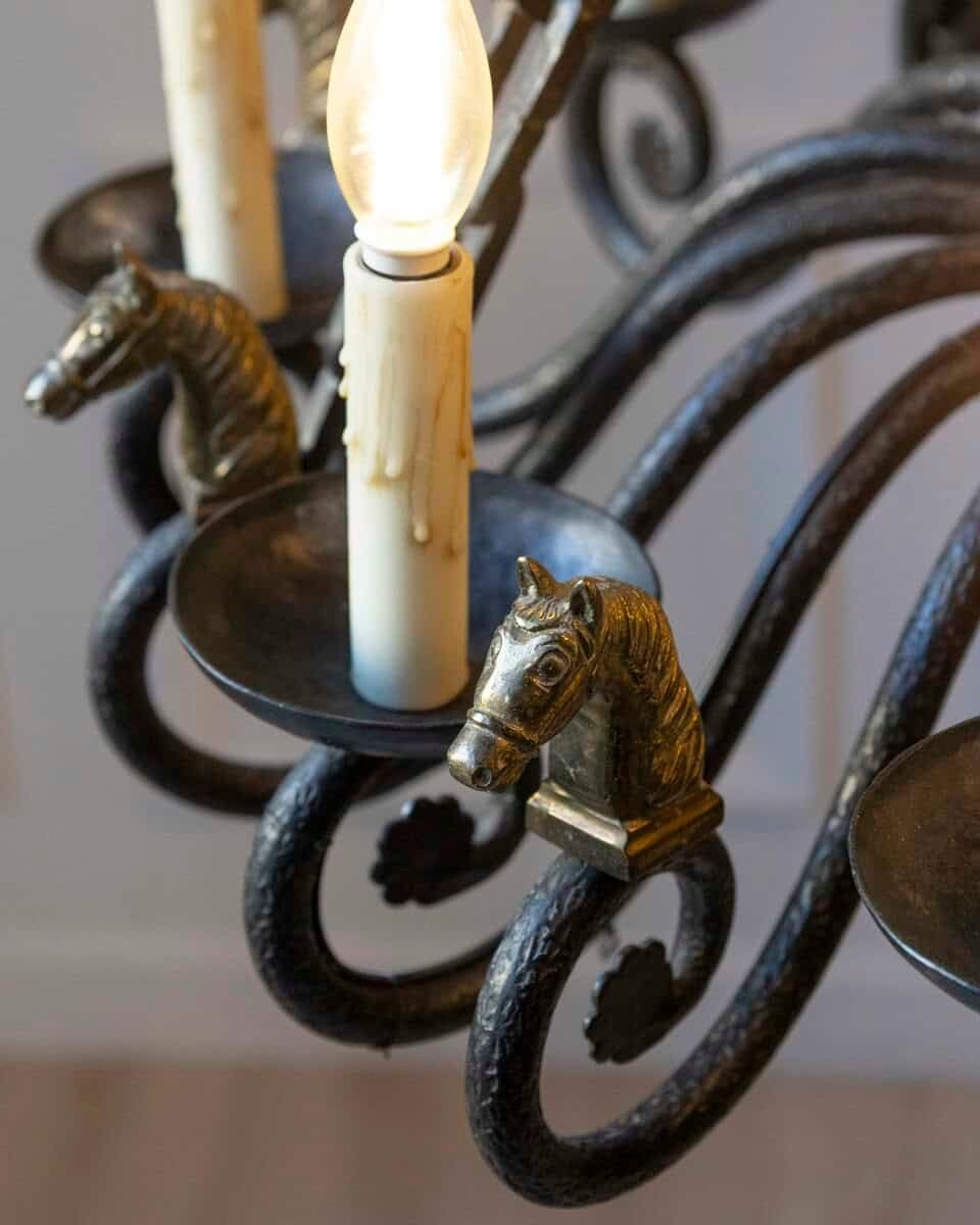 20th-Century French Wrought Iron Chandelier with Horse-Head Details - JAA