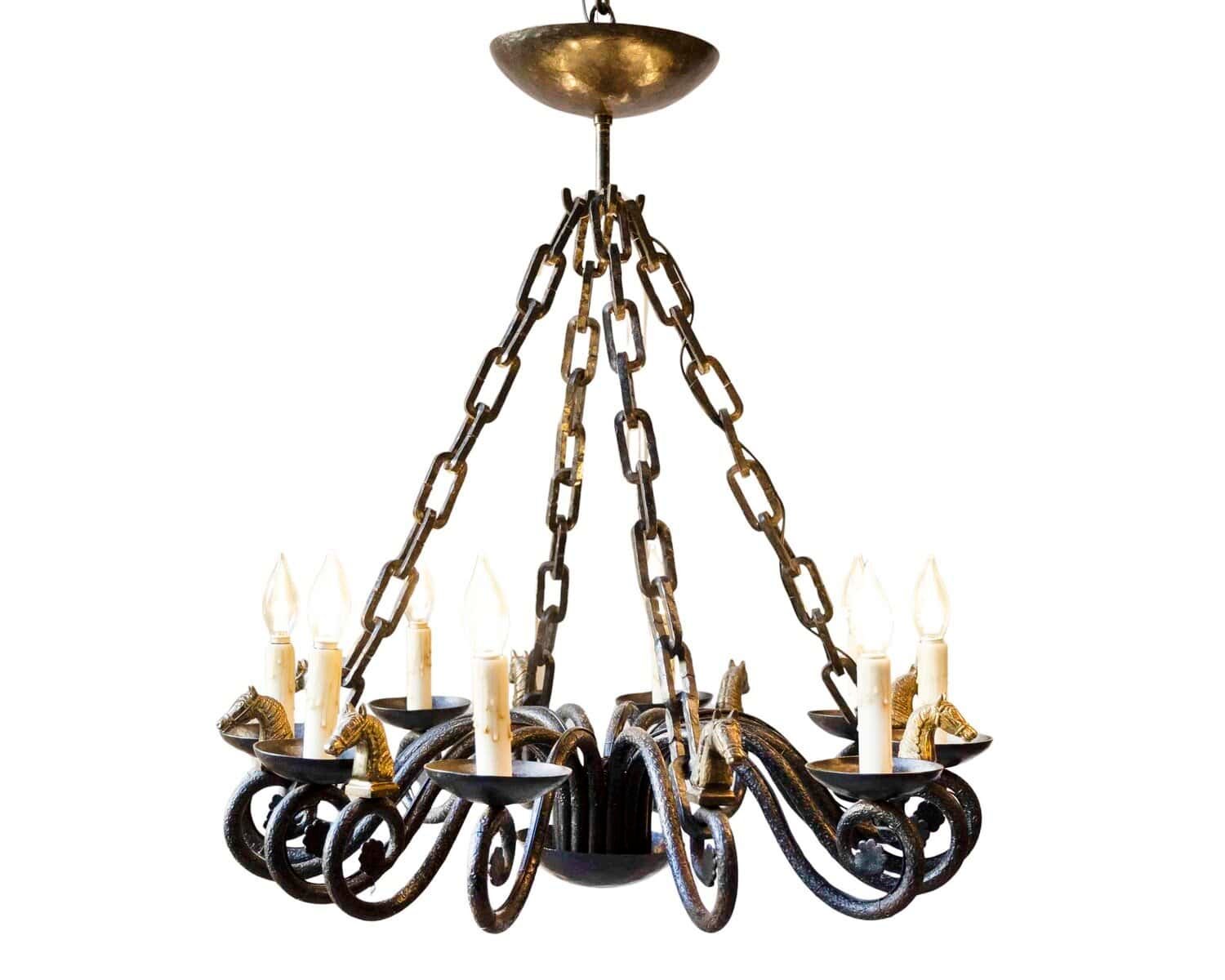 20th-Century French Wrought Iron Chandelier with Horse-Head Details