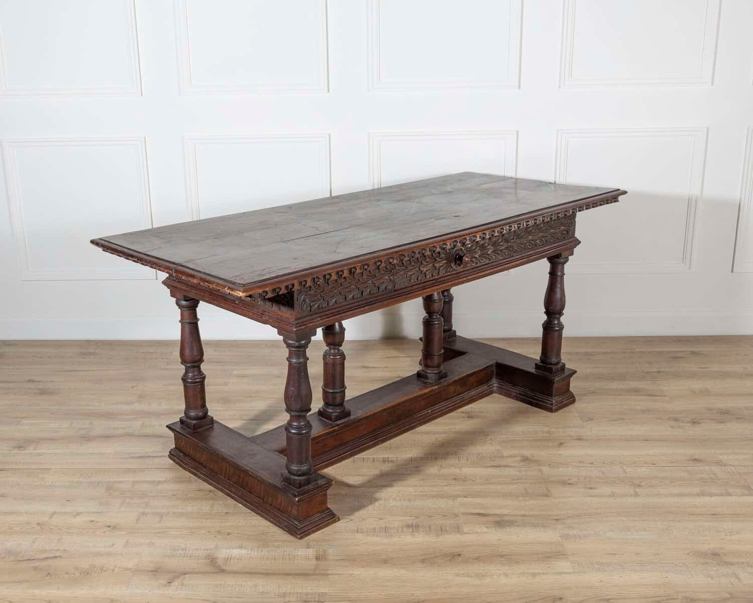Early 17th-Century Lombard Louis XIV Walnut Table with Baluster Legs - JAA