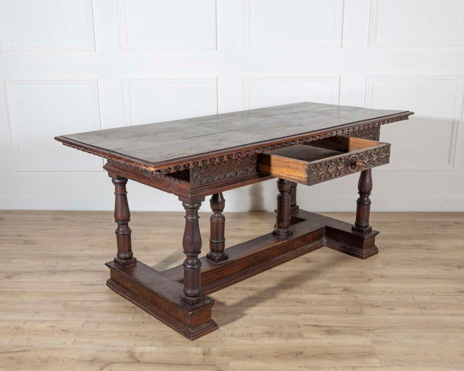 Early 17th-Century Lombard Louis XIV Walnut Table with Baluster Legs - JAA