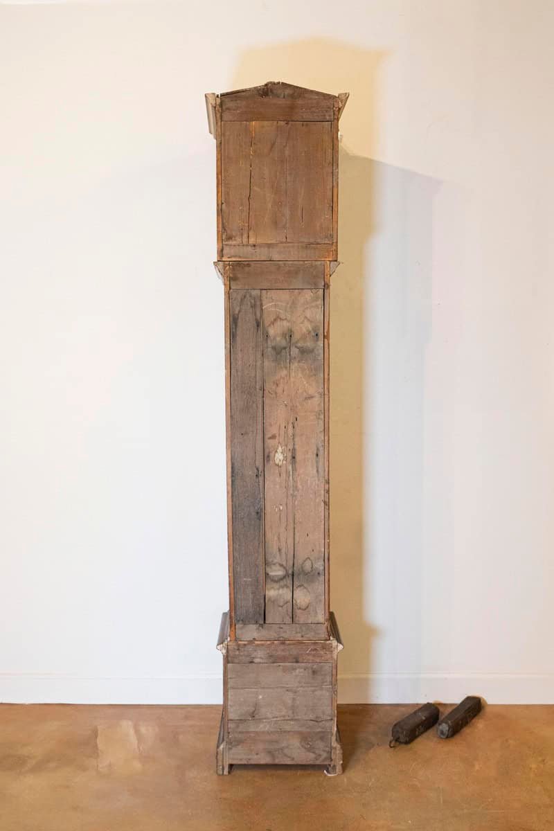 French 19th Century Longcase Painted Clock with Carved Crest and Classical Décor - JAA