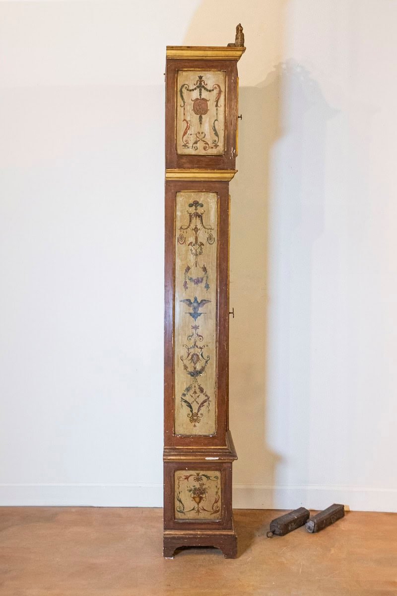 French 19th Century Longcase Painted Clock with Carved Crest and Classical Décor - JAA