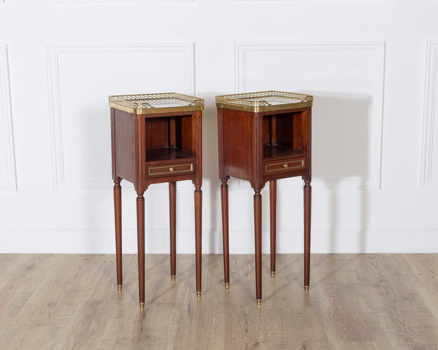 Pair of Small Louis XVI Style Mahogany Bedside Tables with Marble Tops - JAA