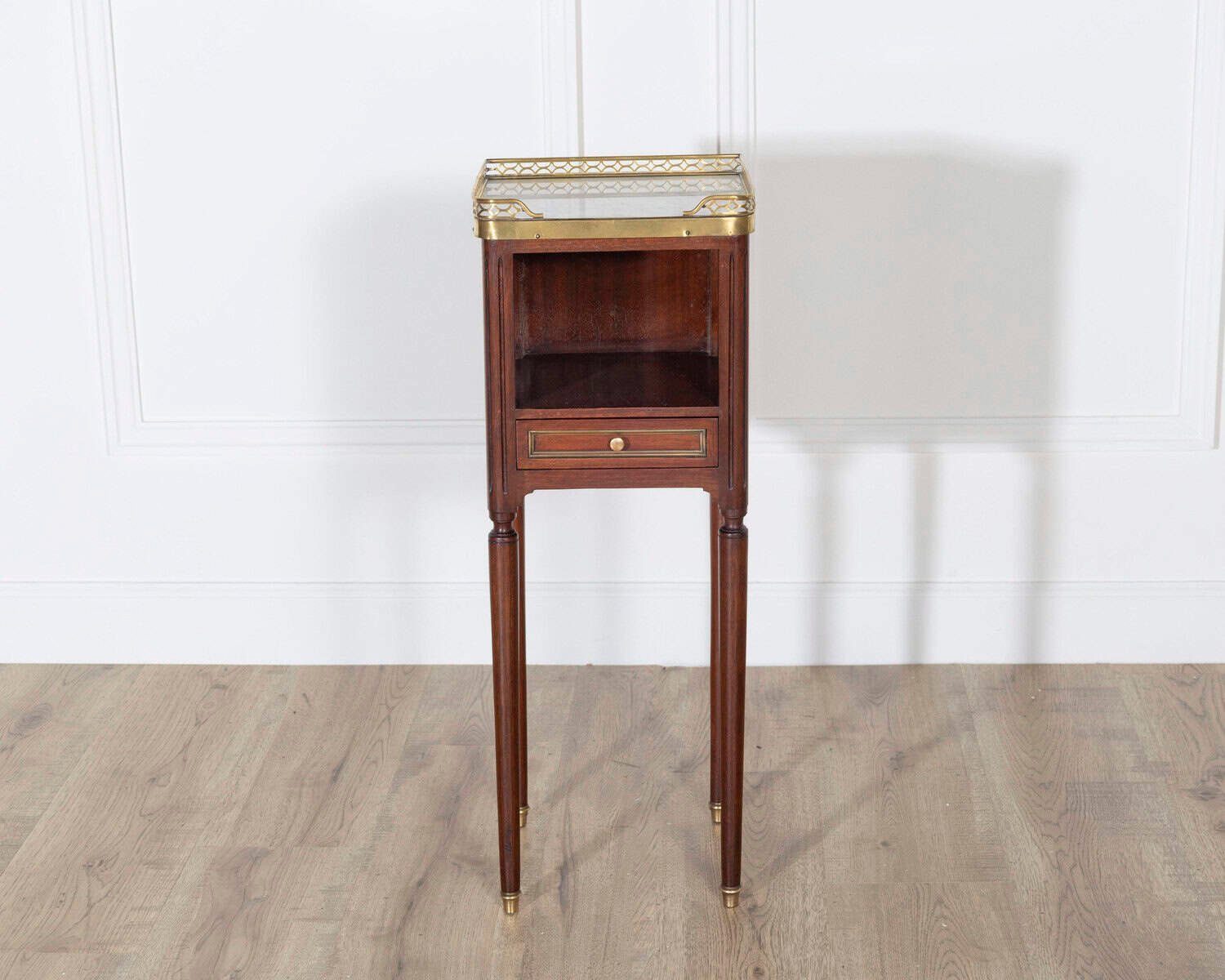 Pair of Small Louis XVI Style Mahogany Bedside Tables with Marble Tops - JAA