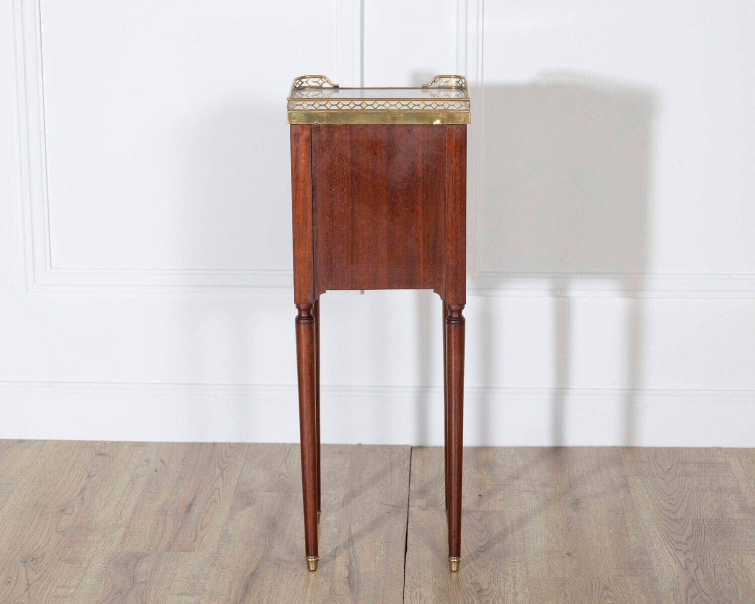 Pair of Small Louis XVI Style Mahogany Bedside Tables with Marble Tops - JAA