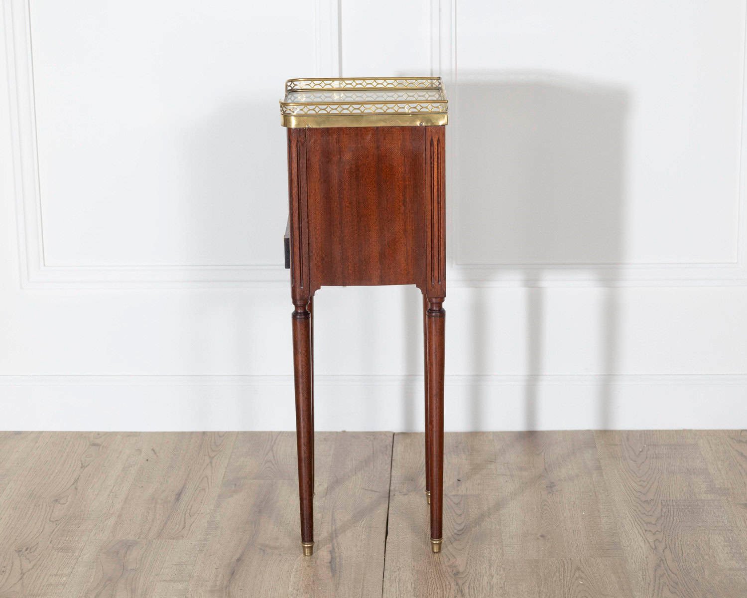 Pair of Small Louis XVI Style Mahogany Bedside Tables with Marble Tops - JAA