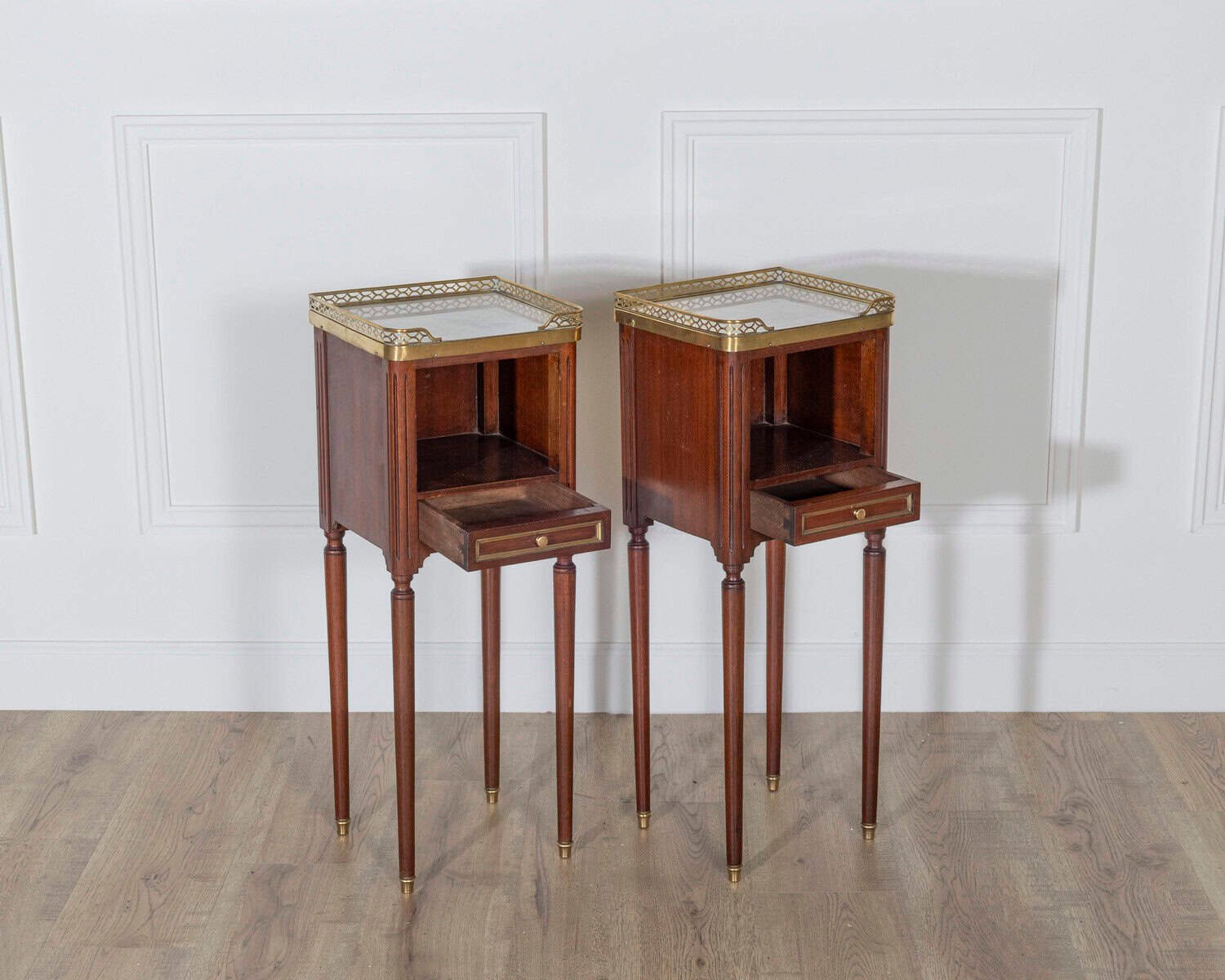 Pair of Small Louis XVI Style Mahogany Bedside Tables with Marble Tops - JAA