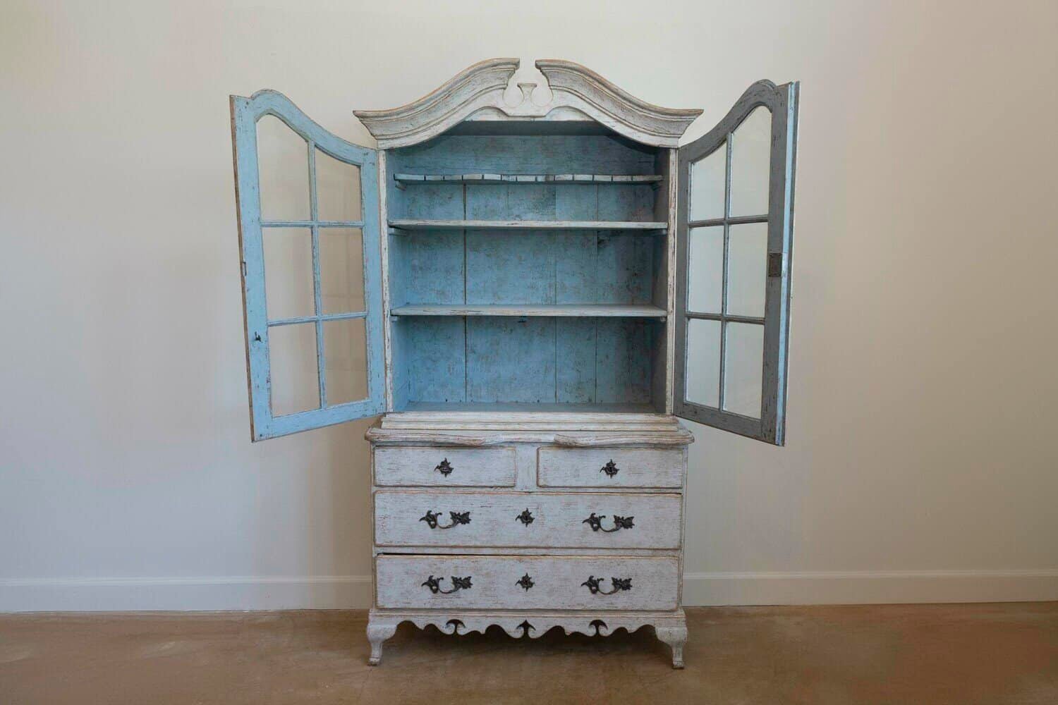 Swedish Rococo Style 1850s Bonnet Top Cabinet with Glass Doors and Drawers - JAA