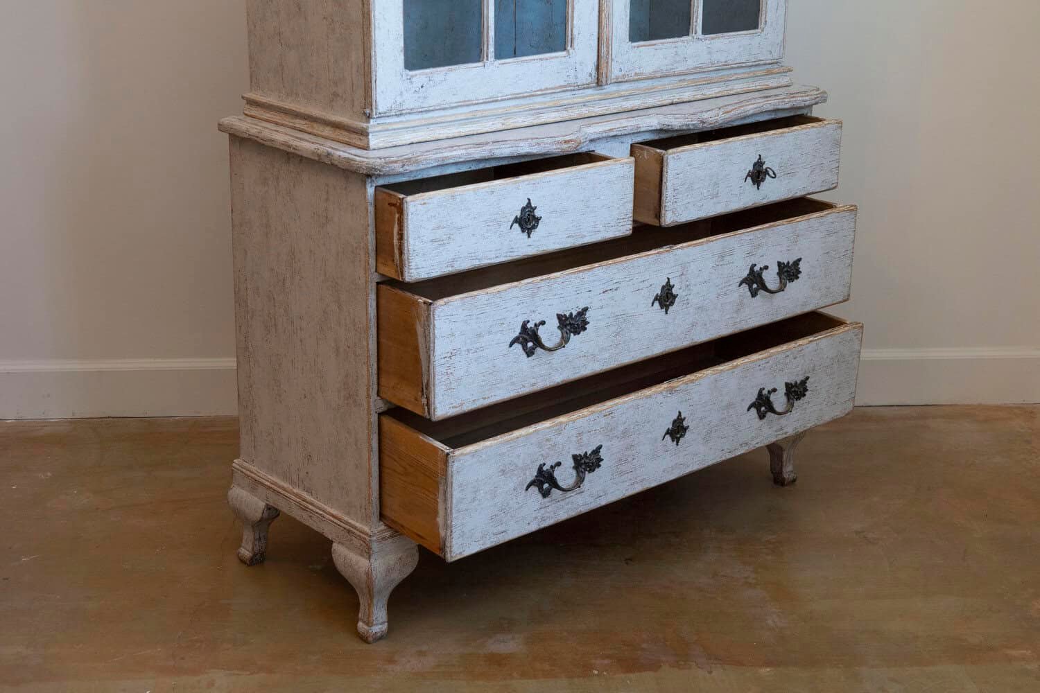 Swedish Rococo Style 1850s Bonnet Top Cabinet with Glass Doors and Drawers - JAA