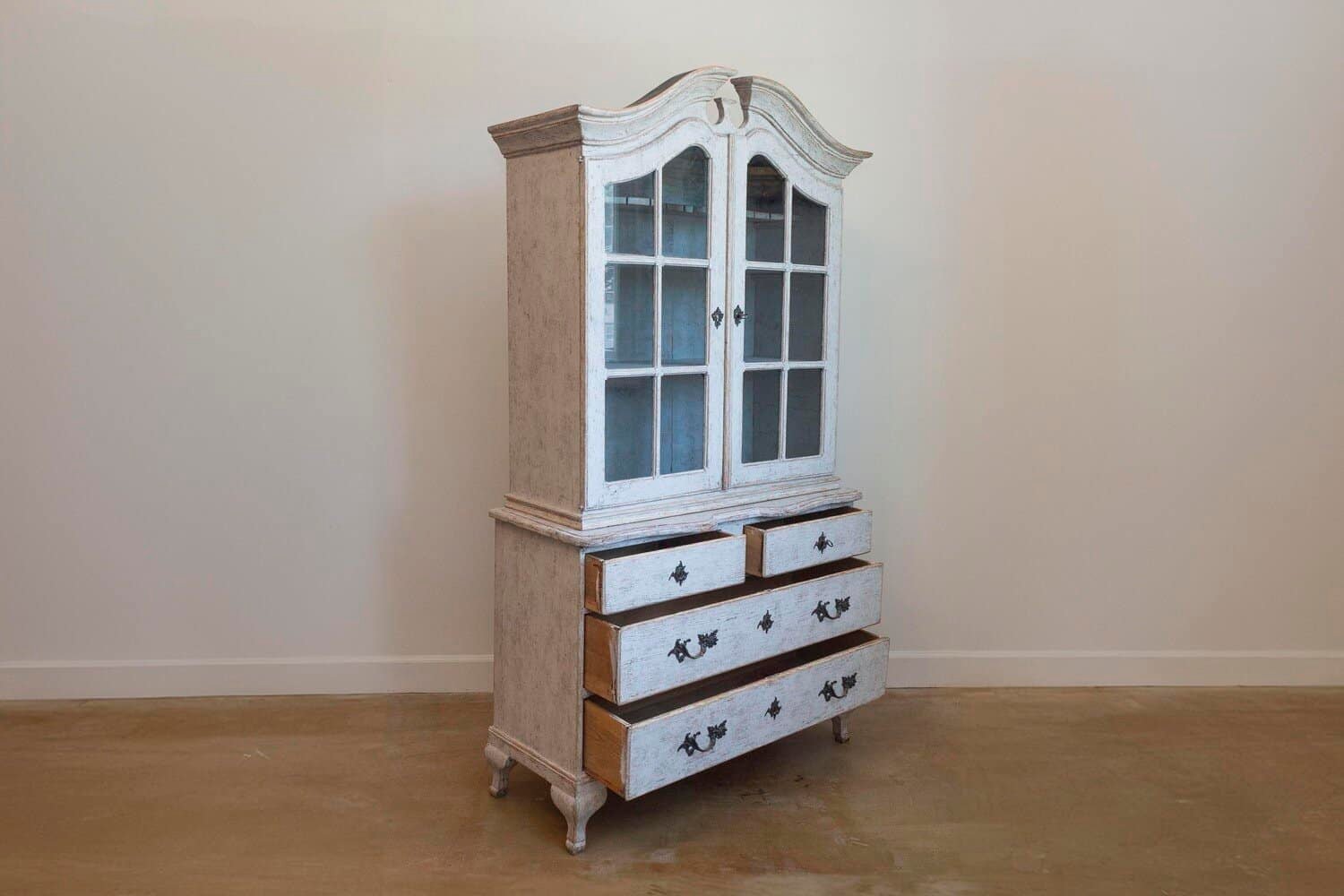 Swedish Rococo Style 1850s Bonnet Top Cabinet with Glass Doors and Drawers - JAA