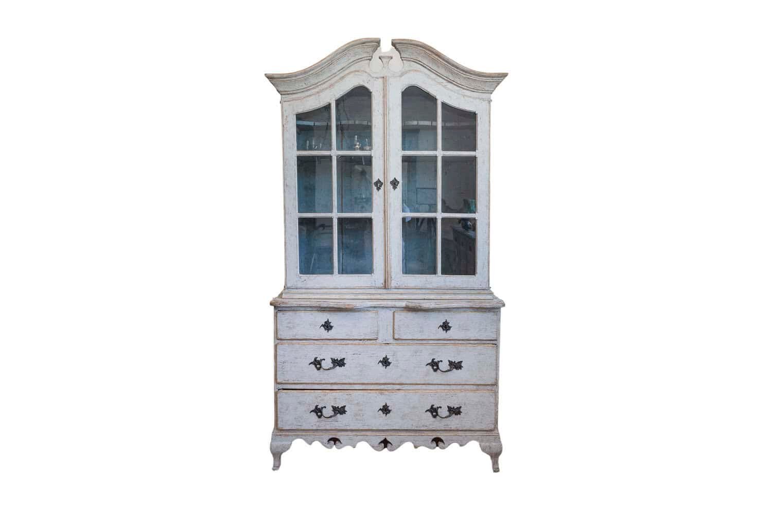 Swedish Rococo Style 1850s Bonnet Top Cabinet with Glass Doors and Drawers