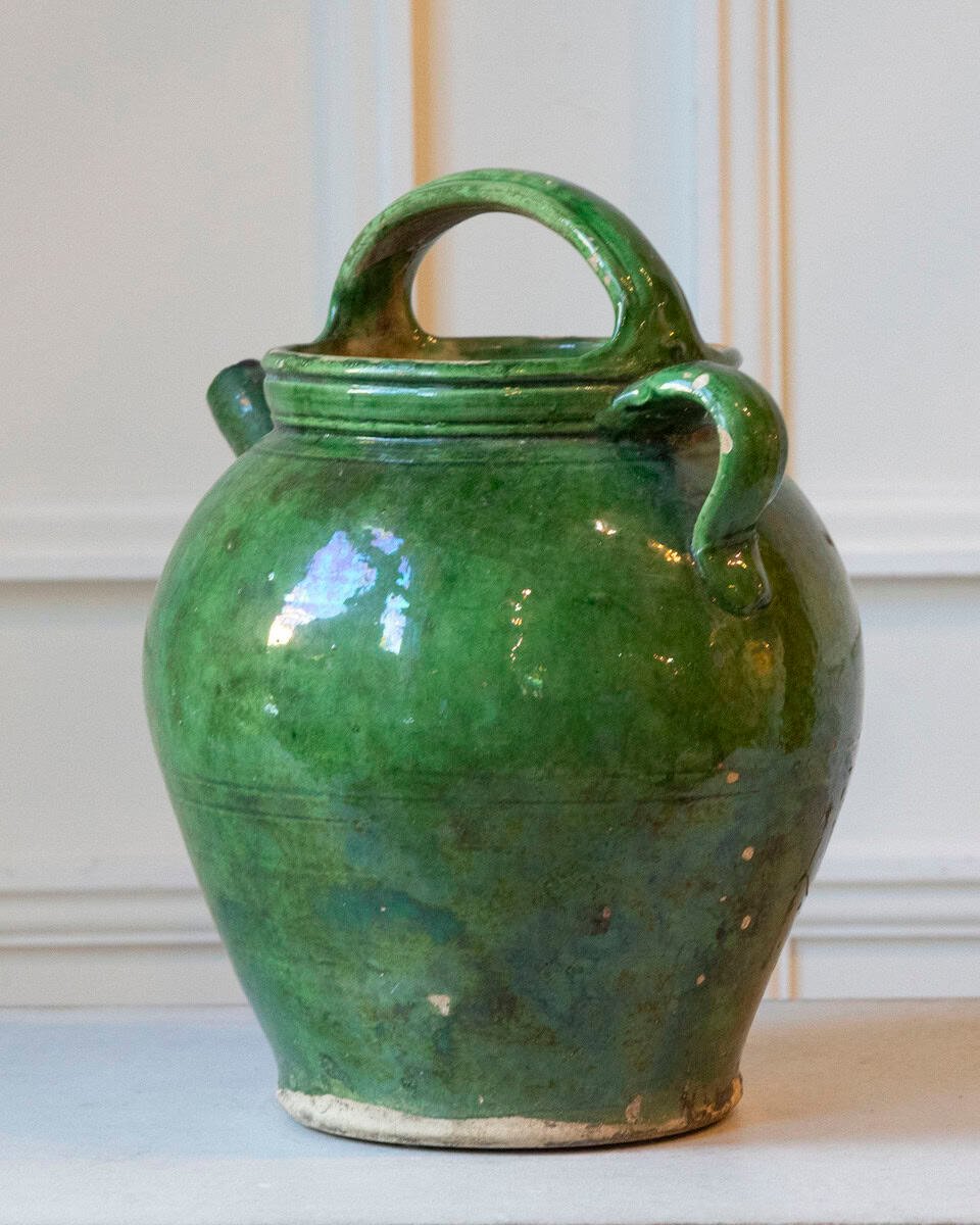 19th Century French Green-Glazed Terracotta Jug with Rustic Charm - JAA