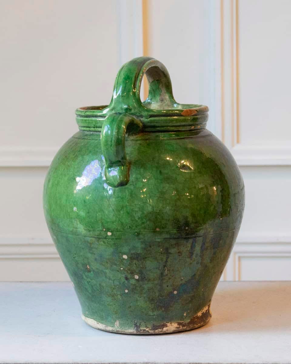 19th Century French Green-Glazed Terracotta Jug with Rustic Charm - JAA