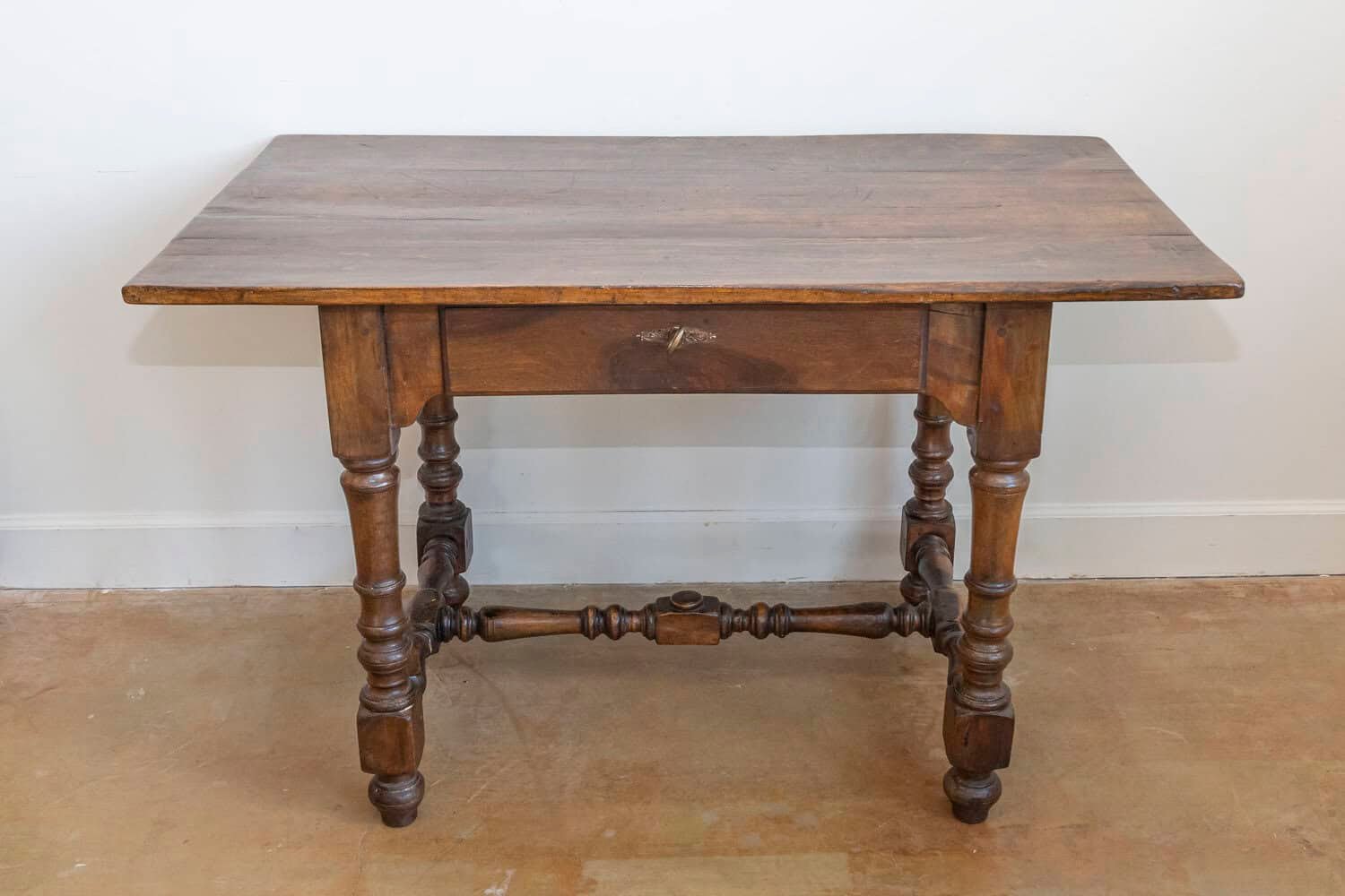 French Louis XIII Style 19th Century Walnut Table with Turned Legs and Stretcher - JAA