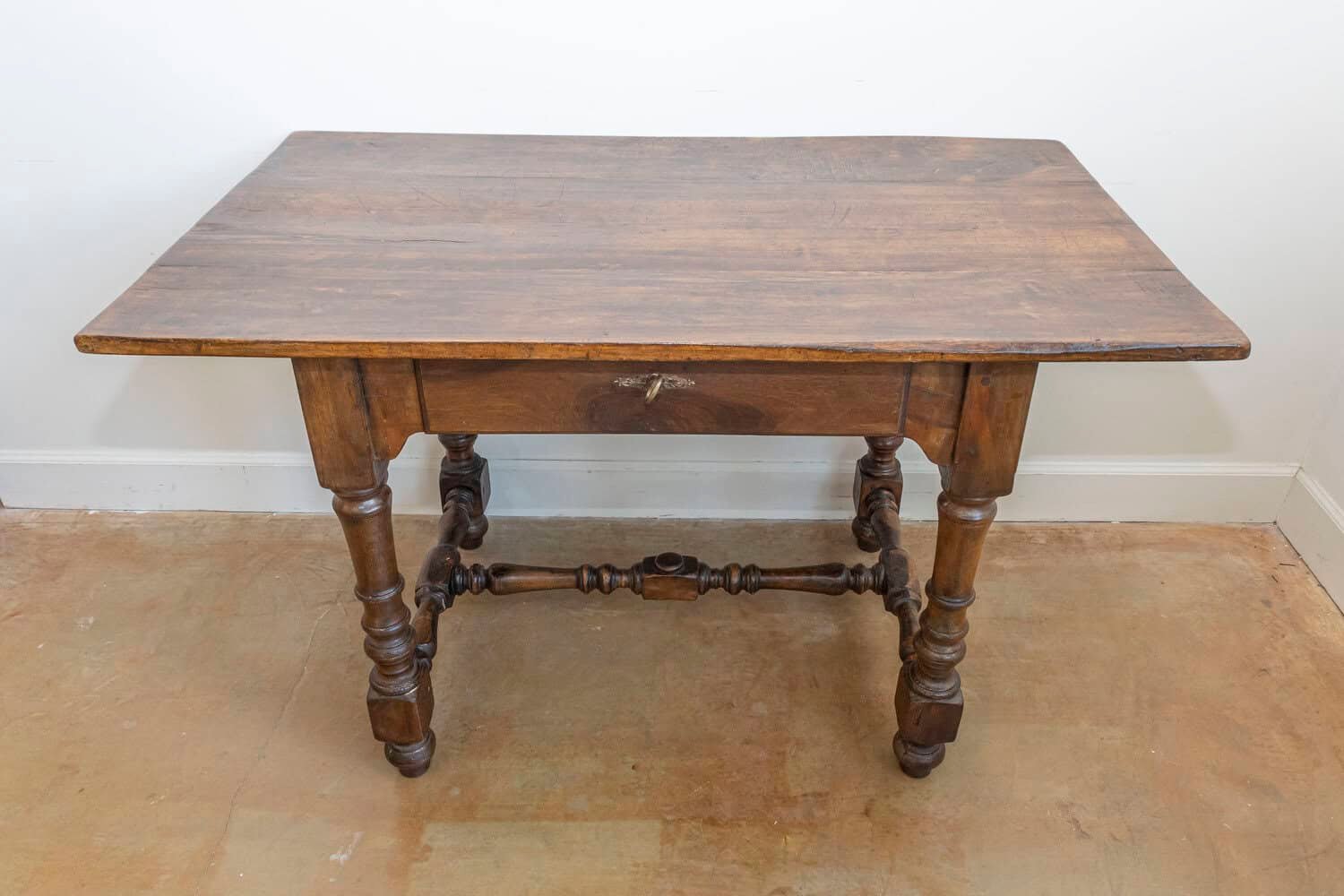 French Louis XIII Style 19th Century Walnut Table with Turned Legs and Stretcher - JAA