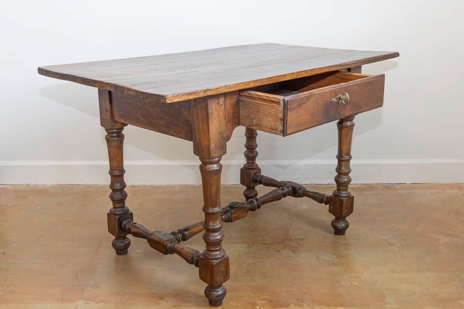 French Louis XIII Style 19th Century Walnut Table with Turned Legs and Stretcher - JAA