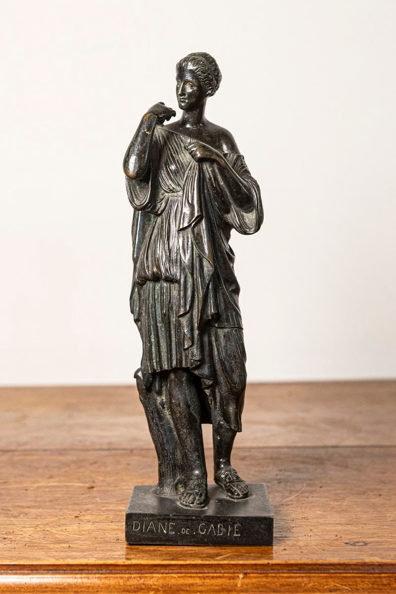 French 19th Century Patinated Bronze Neoclassical Sculpture of Diana — 