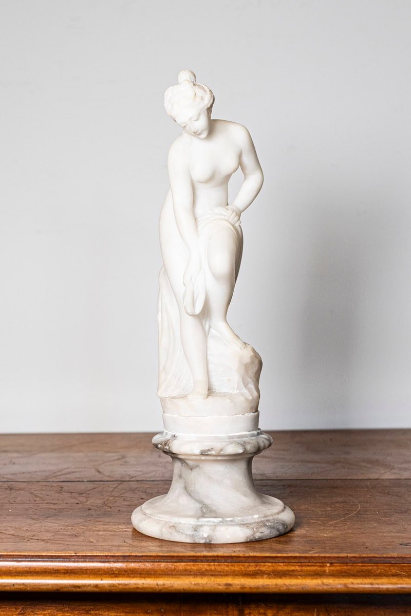 French 19th Century Marble Sculpture of a Nymph after the Bath on Pedestal - JAA