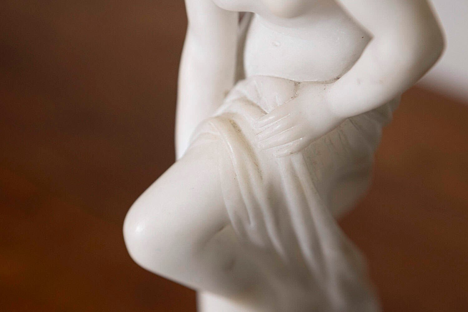 French 19th Century Marble Sculpture of a Nymph after the Bath on Pedestal - JAA