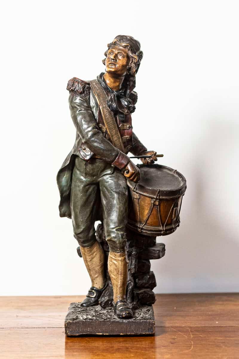 French 19th Century Patinated Bronze Sculpture of a Military Drummer Boy in Historical Uniform - JAA