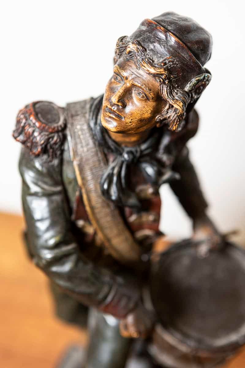 French 19th Century Patinated Bronze Sculpture of a Military Drummer Boy in Historical Uniform - JAA