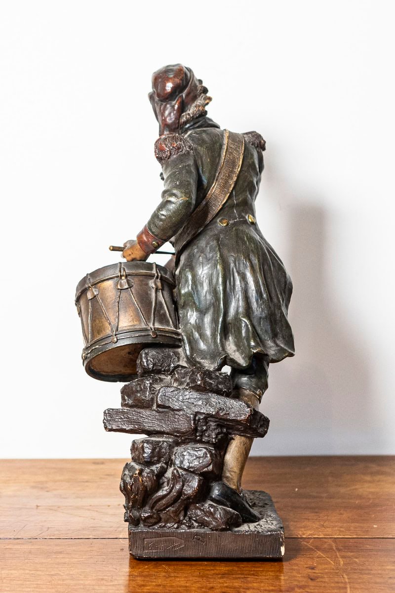 French 19th Century Patinated Bronze Sculpture of a Military Drummer Boy in Historical Uniform - JAA
