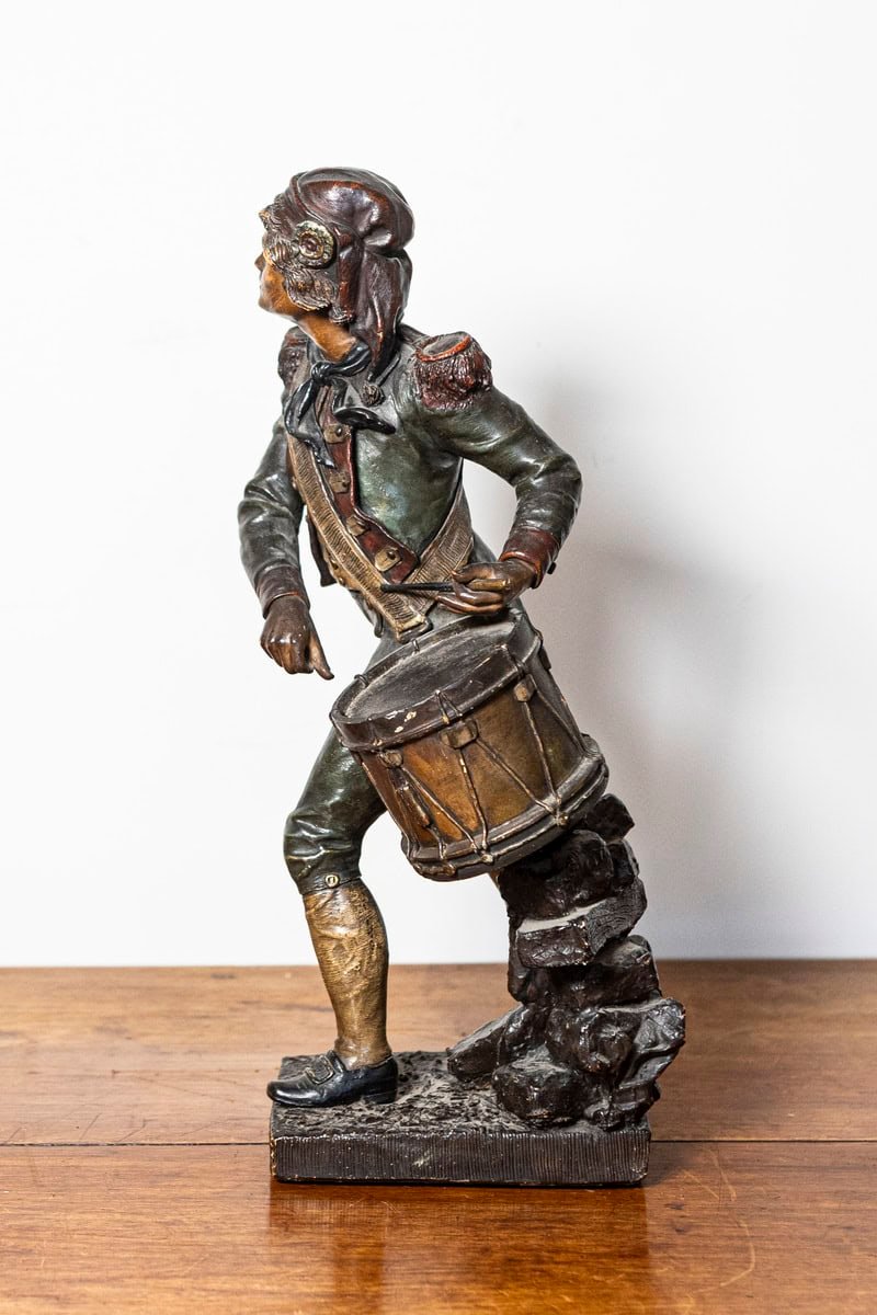 French 19th Century Patinated Bronze Sculpture of a Military Drummer Boy in Historical Uniform - JAA