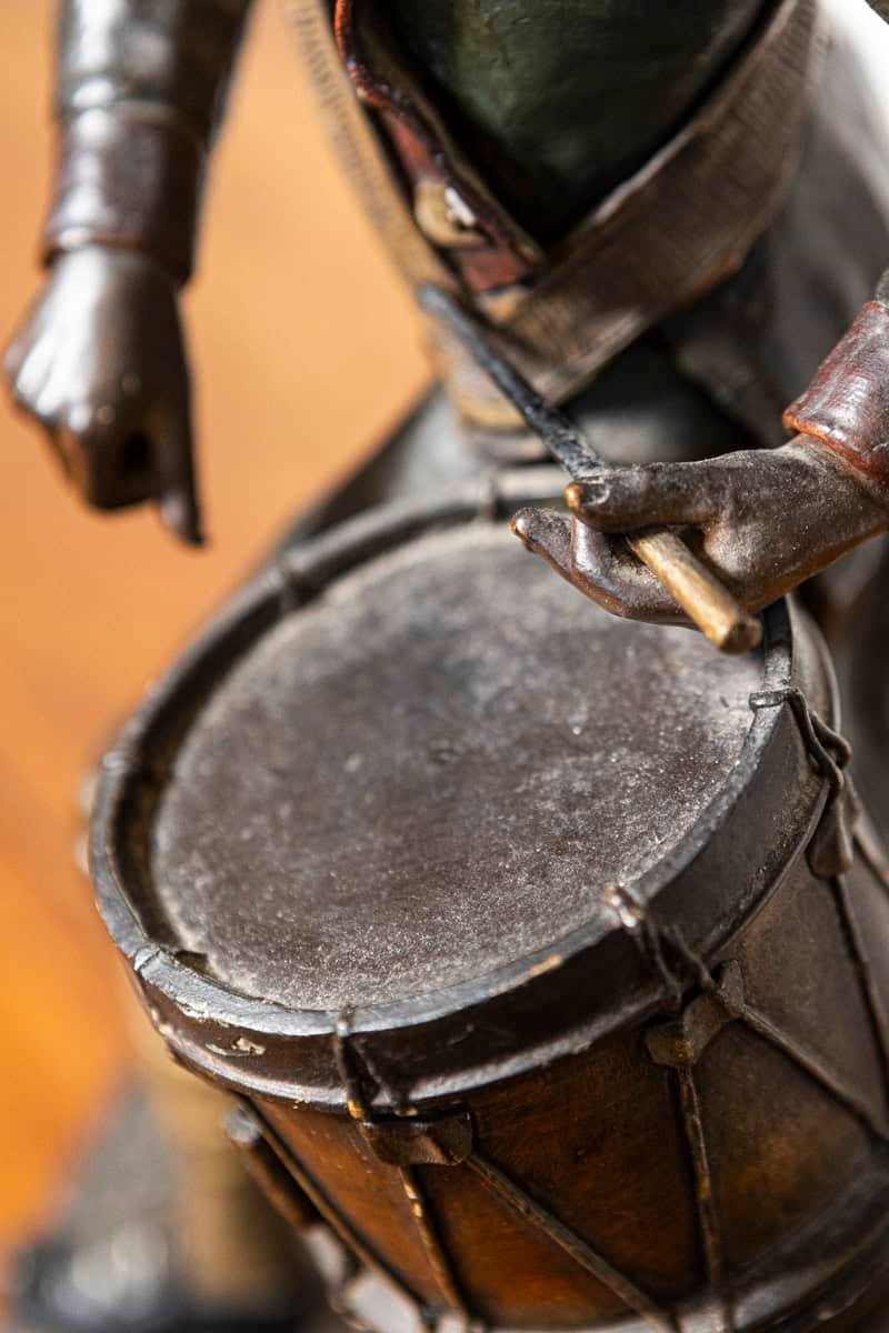 French 19th Century Patinated Bronze Sculpture of a Military Drummer Boy in Historical Uniform - JAA