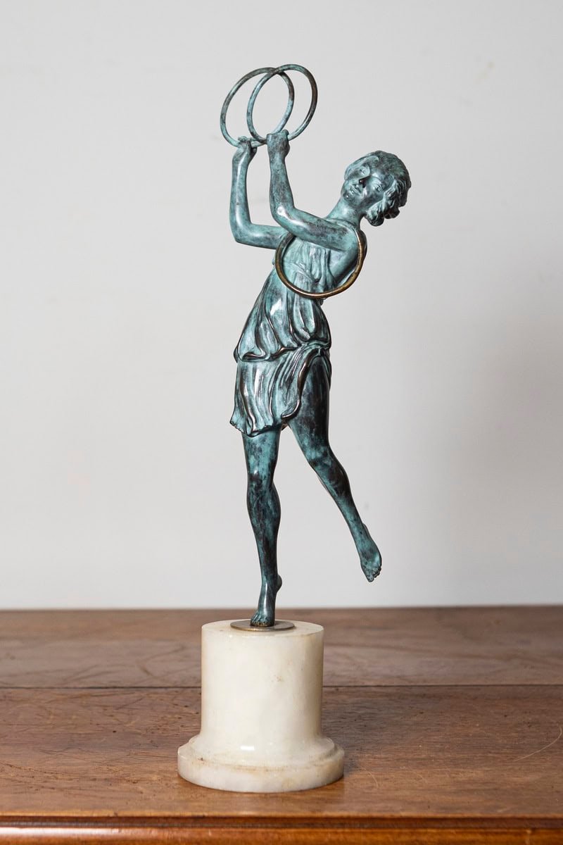 French Early 20th Century Patinated Bronze Art Deco Statuette of a Dancer Holding Hoops on Marble Base - JAA