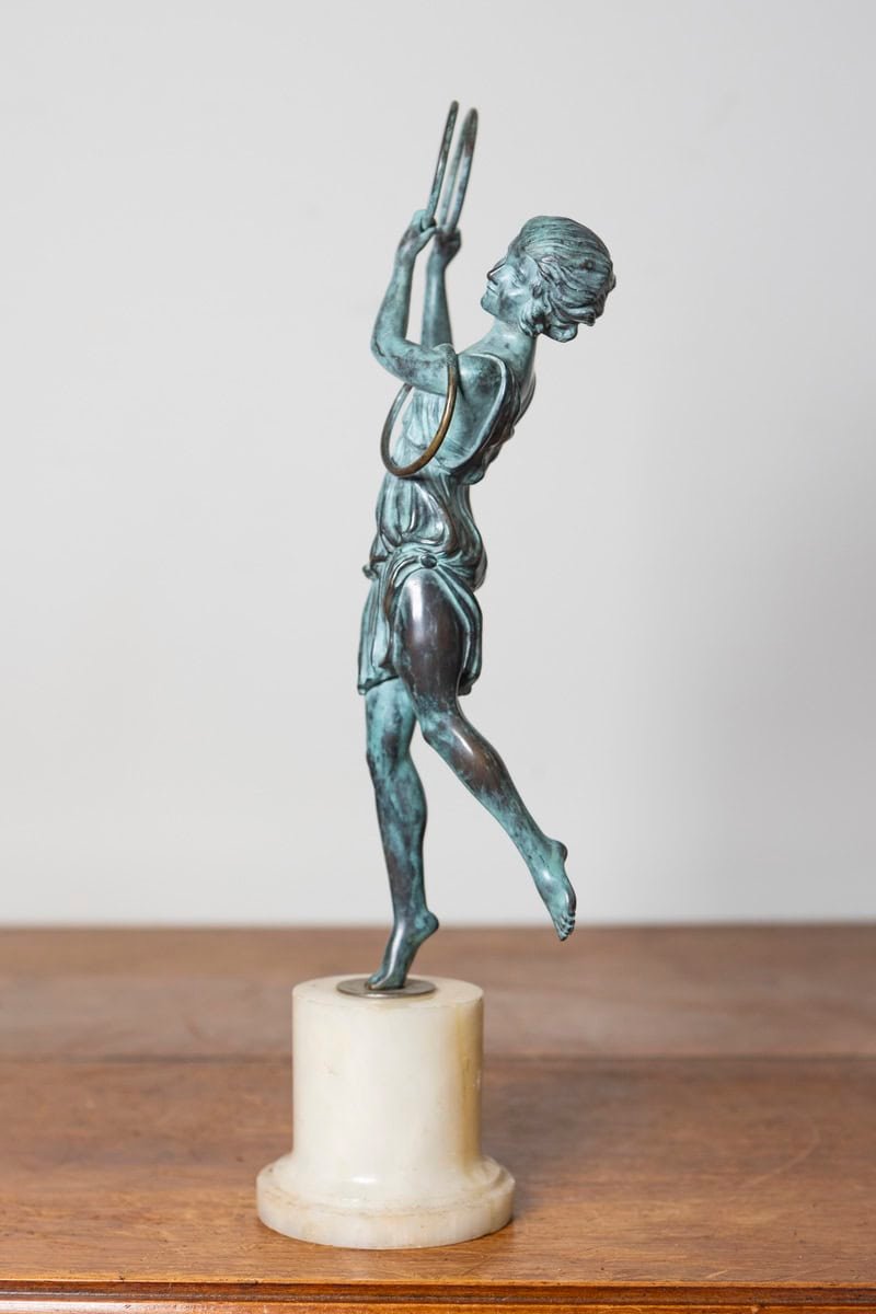 French Early 20th Century Patinated Bronze Art Deco Statuette of a Dancer Holding Hoops on Marble Base - JAA