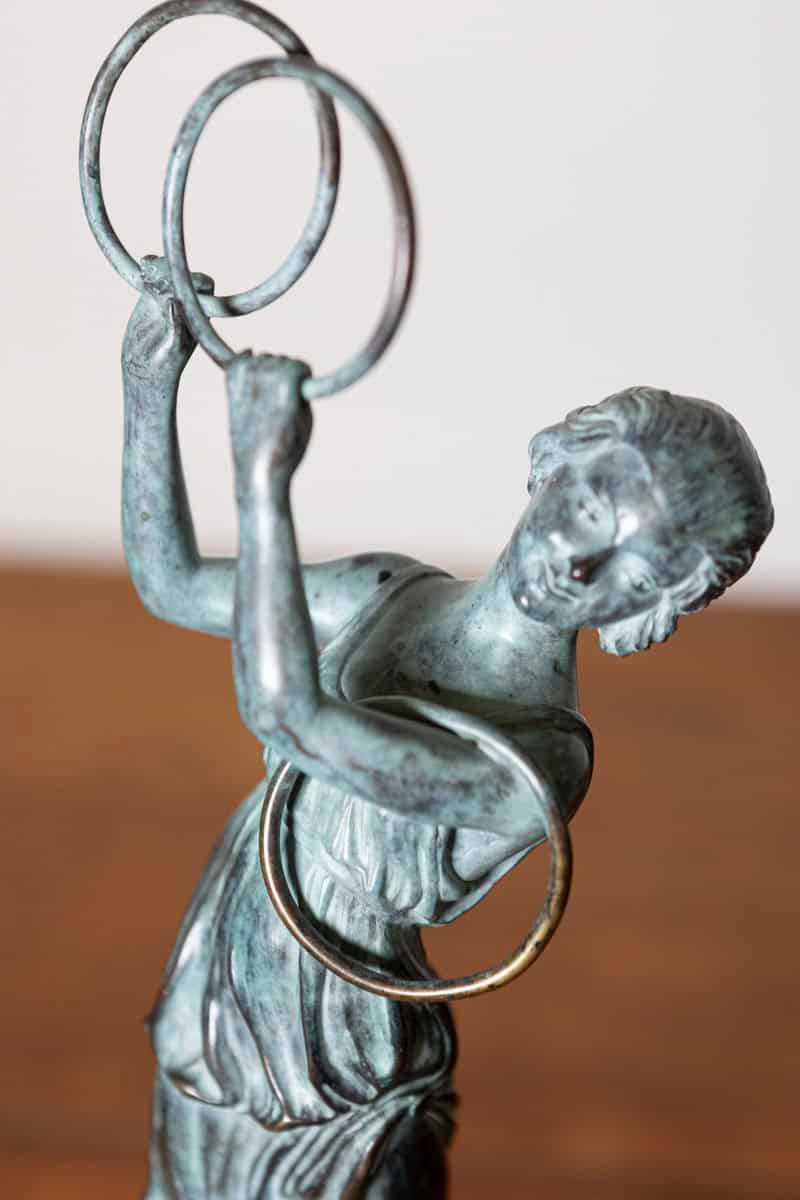 French Early 20th Century Patinated Bronze Art Deco Statuette of a Dancer Holding Hoops on Marble Base - JAA