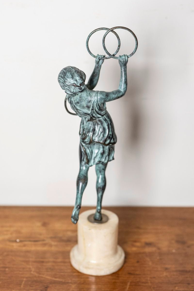 French Early 20th Century Patinated Bronze Art Deco Statuette of a Dancer Holding Hoops on Marble Base - JAA