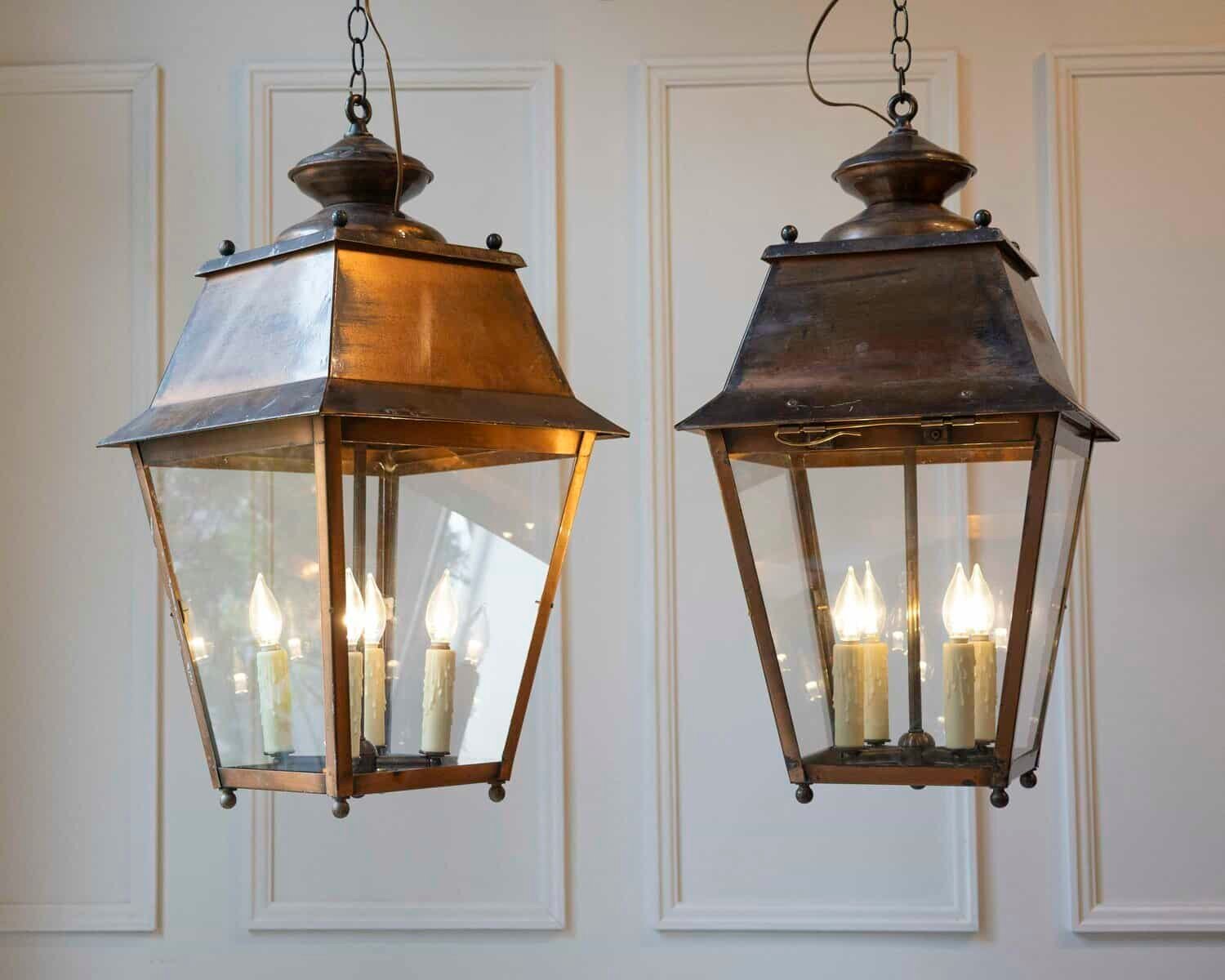Pair of Early 20th-Century French Copper Hanging Lanterns - JAA