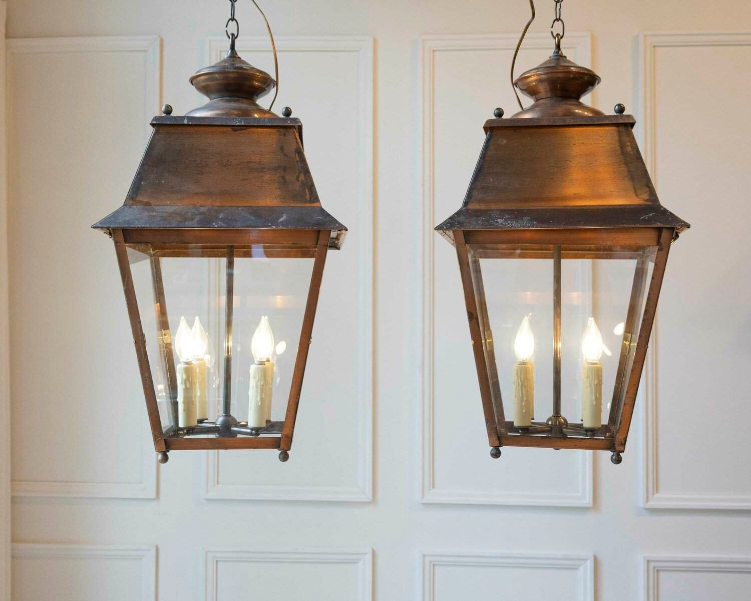 Pair of Early 20th-Century French Copper Hanging Lanterns - JAA