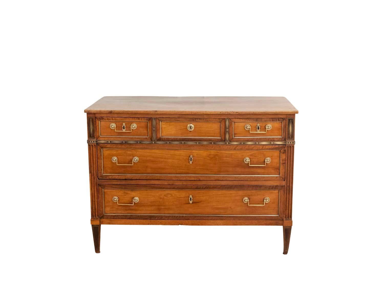 Louis XVI Walnut Chest of Drawers with Brass Inlay, France, Late 18th Century