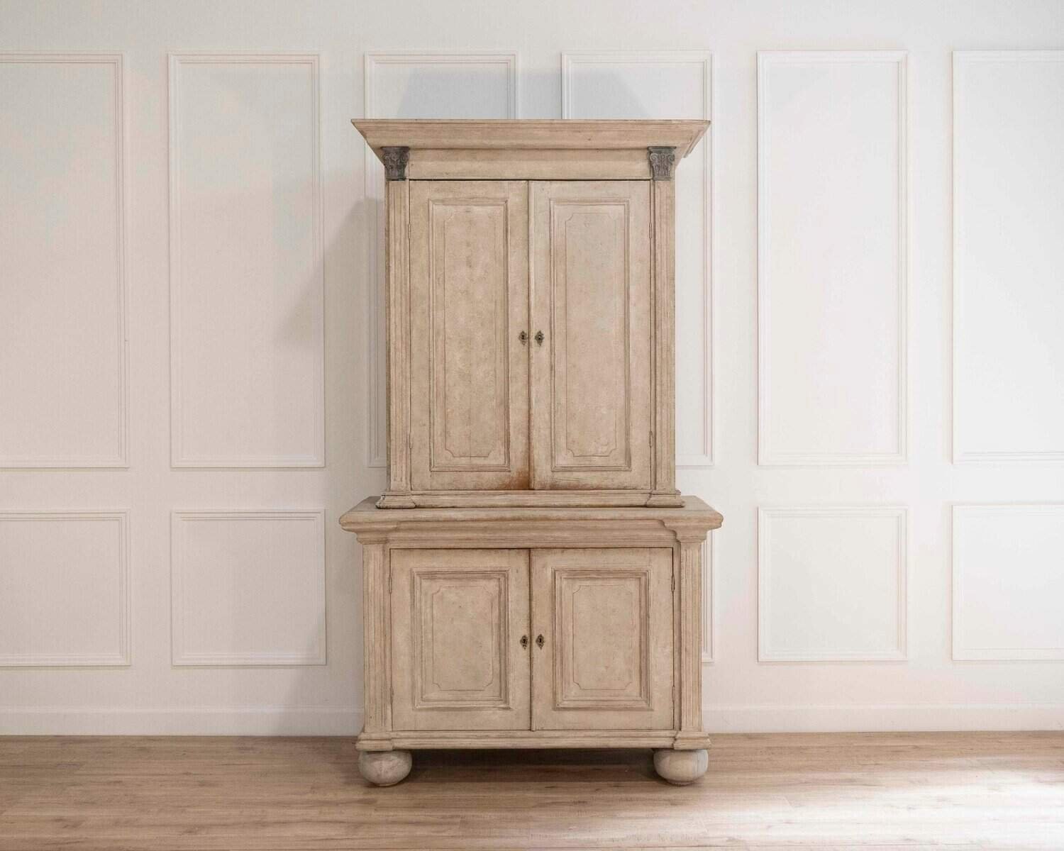 ON HOLD - Tall Swedish cabinet in soft grey, two-piece, early‑mid 19th century - JAA
