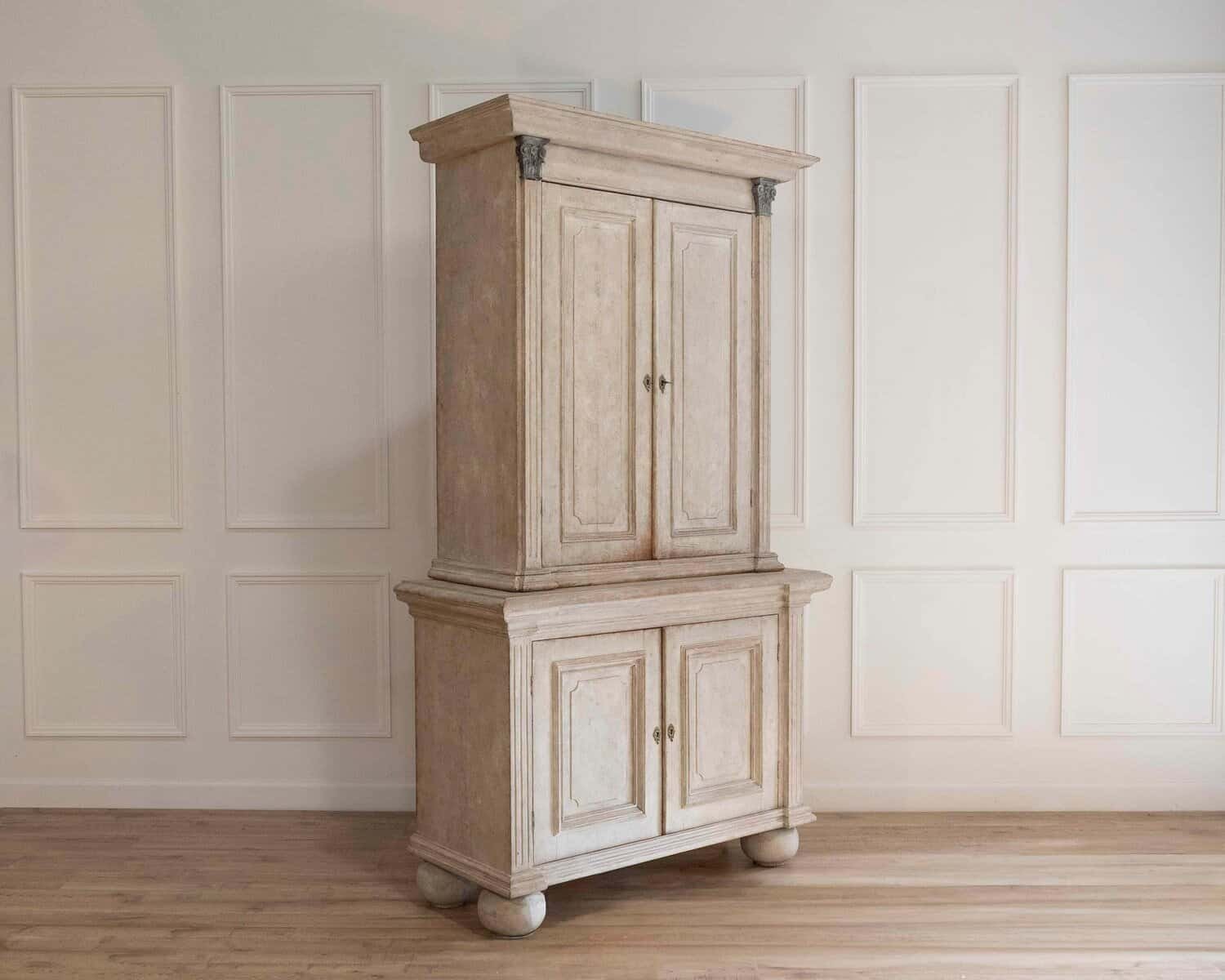 ON HOLD - Tall Swedish cabinet in soft grey, two-piece, early‑mid 19th century - JAA