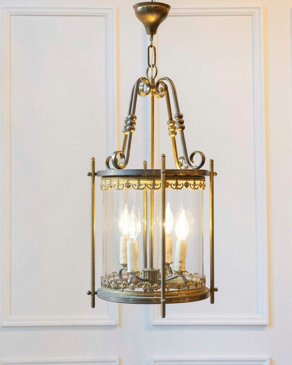 Early 20th-Century Brass Lantern with Etched Crown Detail - JAA