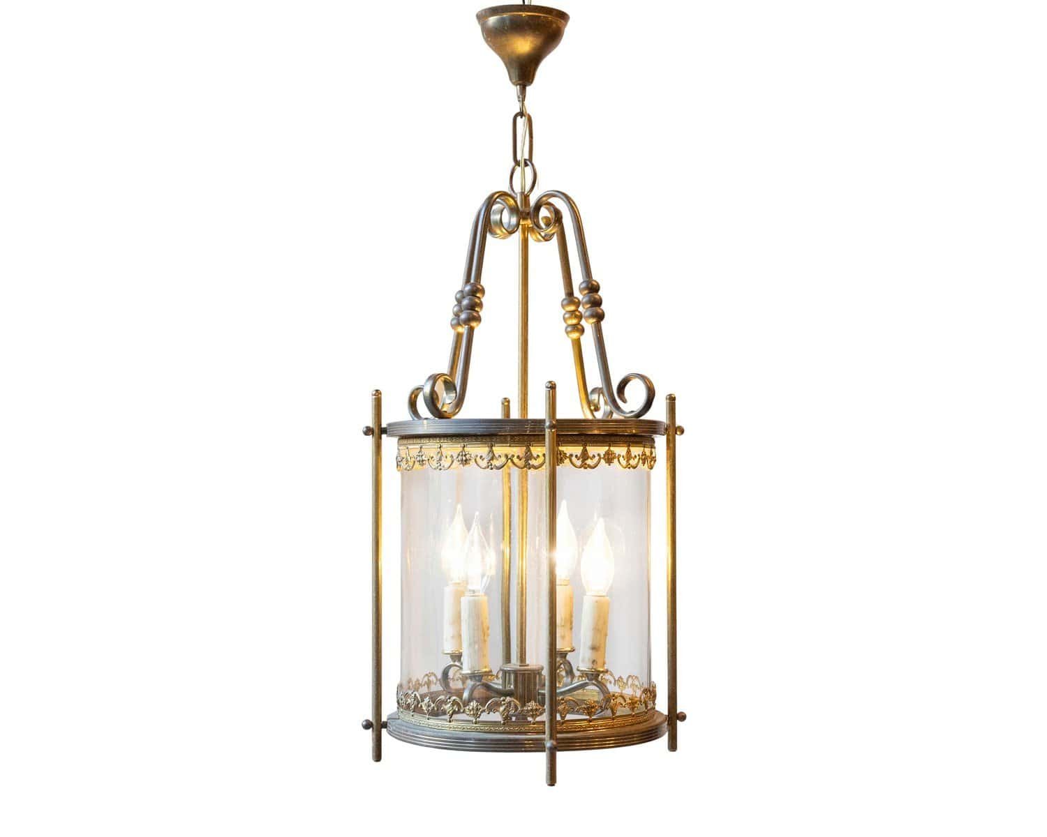 Early 20th-Century Brass Lantern with Etched Crown Detail