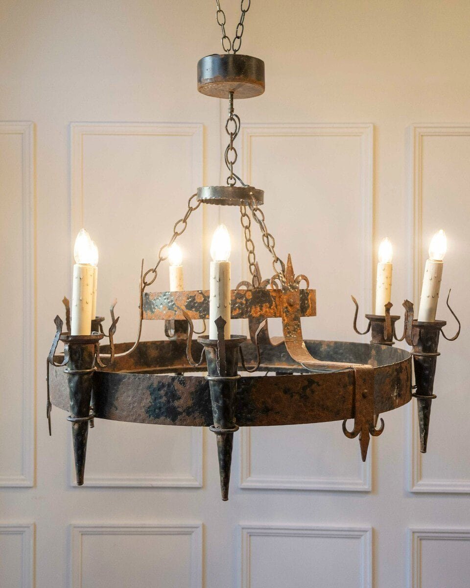 French 19th Century Black Iron Chandelier with Fleur-de-lis Design - JAA