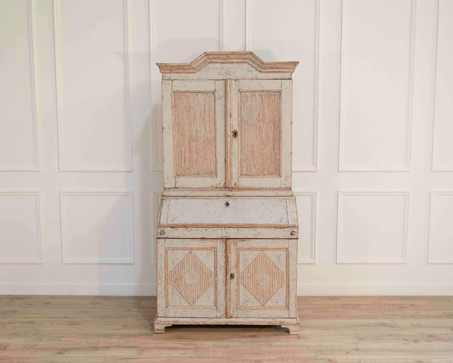 An early 19th century Gustavian secretary, repainted in grey and with a blue interior - JAA