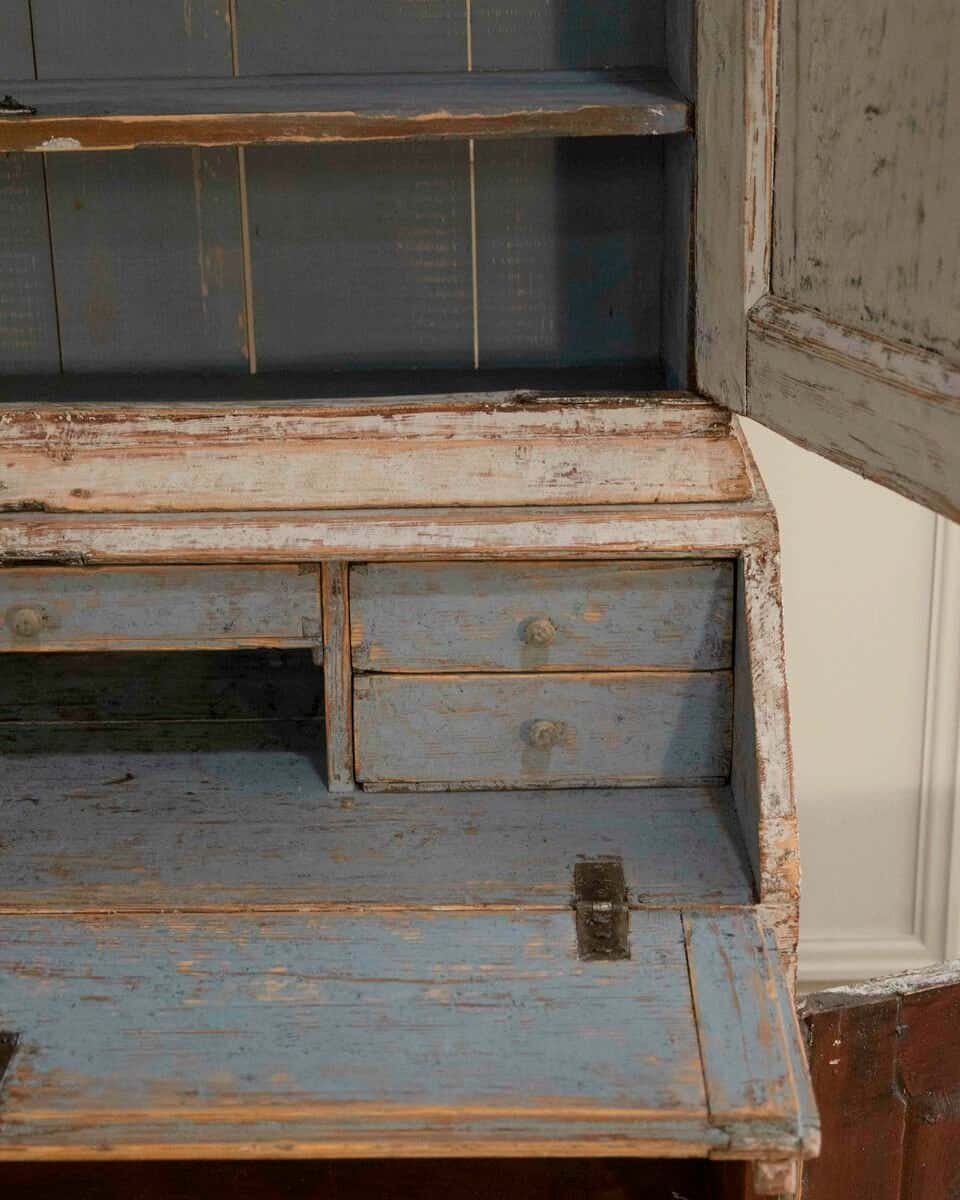 An early 19th century Gustavian secretary, repainted in grey and with a blue interior - JAA