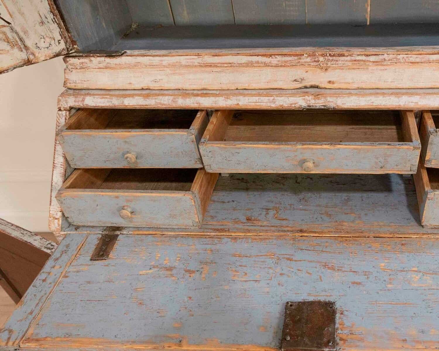 An early 19th century Gustavian secretary, repainted in grey and with a blue interior - JAA
