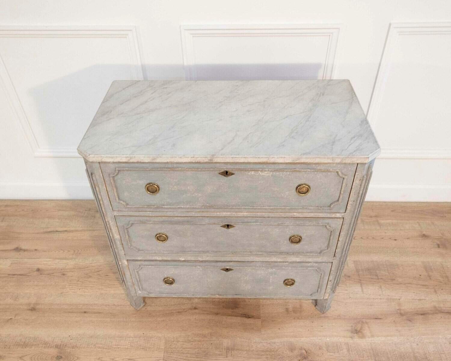 Swedish Gustavian-Style Blue Chest of Drawers with Faux Marble Top, Circa 1890–1900 - JAA
